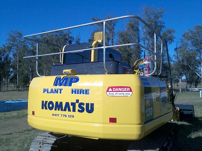 Safety handrails fabricated and fitted to an excavator for earth moving works